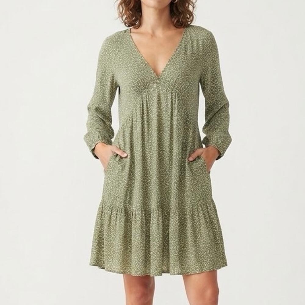 Faherty Green Ditsy Floral Sirene Tiered Long Sleeve V-Neck Mini Dress Size XS